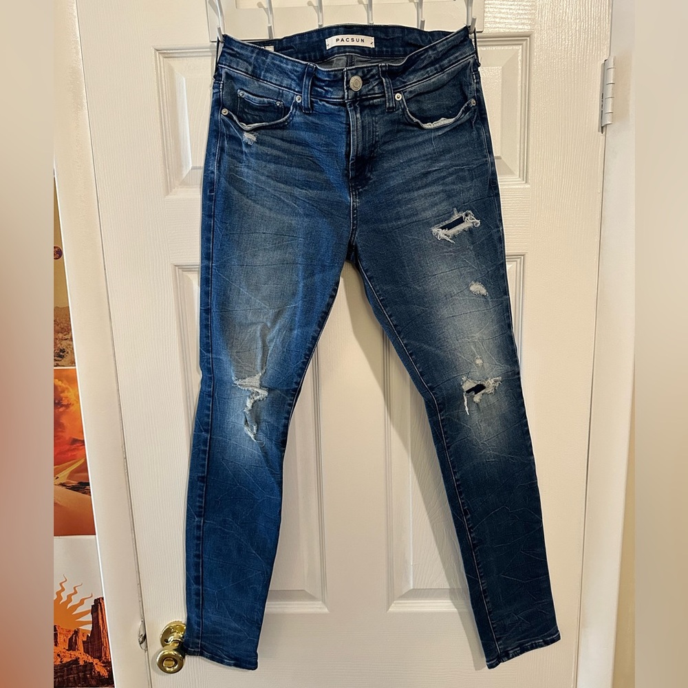 PACSUN Dark Ripped Stacked Skinny Jeans Rinse Denim Men’s Size 29x30